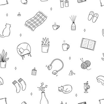 sin costura modelo acogedor hogar elementos. ilustración garabatear dibujos animados icono, antecedentes fondo de pantalla. vector
