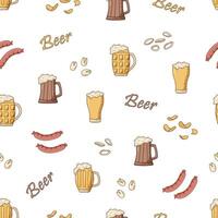 Seamless Pattern Beer doodle icons. illustration of Pub elements beer and snacks. Background wallpaper Oktoberfest or bar. vector