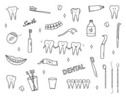 odontología conjunto de garabatear iconos ilustración de elementos para el tratamiento y cuidado de dientes. del dentista herramientas. dientes con emociones vector