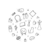 Cozy home set of doodle cartoon icons. illustration elements of home accessories, comfort and everyday life. vector