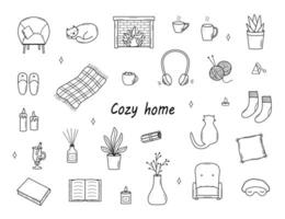 Cozy home set of doodle cartoon icons. illustration elements of home accessories, comfort and everyday life. vector