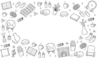 Cozy home set of doodle cartoon icons. illustration elements of home accessories, comfort and everyday life. vector