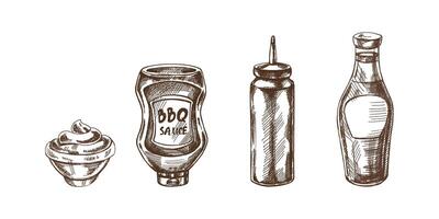 Hand-drawn monochrome sketch of bottles with ketchup, mayonnaise or mustard and barbecue sauce. Doodle vintage illustration on white background. vector