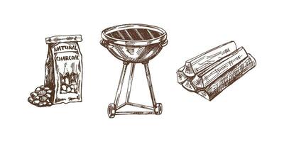 Hand-drawn monochrome sketch of Barbecue grill, charcoal and firewood on white background. Doodle vintage illustration. Decorations for the menu of cafes and labels. vector