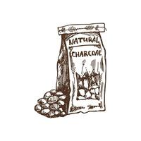 Hand-drawn monochrome sketch of charcoal paper bag for barbecue. Doodle vintage illustration. Decorations for the menu of cafes and labels. Engraved image. vector