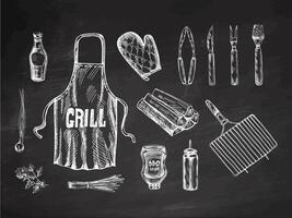 A set of hand-drawn monochrome sketches of barbecue and picnic elements, apron, barbecue grill, tools, etc. For the design of menu of restaurants and cafes on chalkboard background. vector