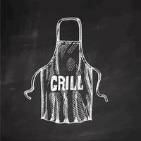 Hand-drawn monochrome sketch of barbecue apron. Doodle vintage illustration on chalkboard background. Decorations for menu of cafes and labels. Engraved image. vector