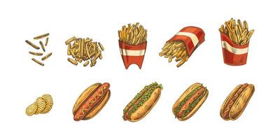 Hand-drawn colored sketches of street food, takeaway food, fast food, junk food. Potato french fries, chips, hot dogs set. Great for menu. vector