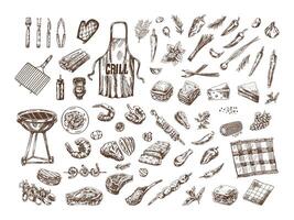 A set of hand-drawn monochrome sketches of barbecue and picnic elements. For the design of the menu of restaurants and cafes, grilled food. Doodle vintage illustration. Engraved image. vector