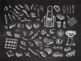 A set of hand-drawn monochrome sketches of barbecue and picnic elements. For the design of the menu of restaurants, grilled food. Doodle vintage illustration on chalkboard background. vector