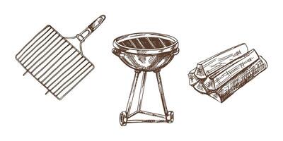 A set of hand-drawn monochrome sketches of barbecue and picnic elements, barbecue grill, firewood. For the design of the menu of restaurants, grilled food. vector