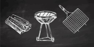 A set of hand-drawn monochrome sketches of barbecue and picnic elements, barbecue grill, firewood. For design of menu of restaurants on chalkboard background. vector