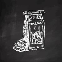 Hand-drawn monochrome sketch of charcoal paper bag for barbecue. Doodle vintage illustration on chalkboard background. Decorations for menu of cafes. vector