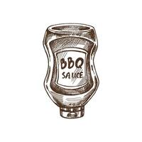 Hand-drawn monochrome sketch of bottle of barbecue sauce. Doodle vintage illustration. Decorations for the menu of cafes and labels. Engraved image. vector