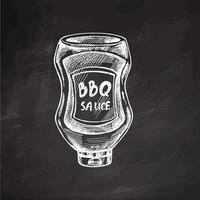 Hand-drawn monochrome sketch of bottle of barbecue sauce. Doodle vintage illustration on chalkboard background. Decorations for menu of cafes. vector