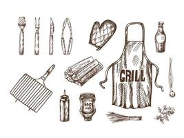 A set of hand-drawn monochrome sketches of barbecue and picnic elements, apron, barbecue grill, tools, etc. For the design of menu of restaurants and cafes. Doodle vintage illustration. vector