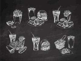 Burgers, potato french fries, drinks, set. Hand-drawn sketches of street food, takeaway food, fast food, junk food and drinks. Retro illustrations collection isolated on chalkboard background. vector