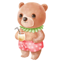 baby bear wearing an island costume holds a glass of juice. png