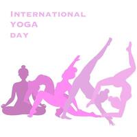 junio 21 celebraciones de mundo yoga día bandera diseño con mujer en diferente poses vector