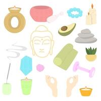 Yoga items set. Flat yoga elements set candles, mat, rocks, avocado, hands, crystals, plant and buddha statue vector