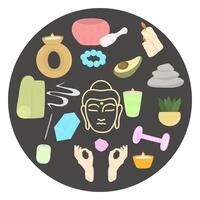 Yoga items set. Flat yoga elements set candles, mat, rocks, avocado, hands, crystals, plant and buddha statue vector