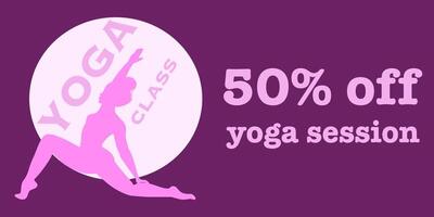 yoga lección negocio tarjeta, regalo vale, especial oferta descuento cupón, volantes modelo en rosado colores plano ilustración vector