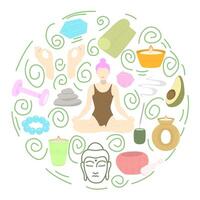 Yoga items set. Flat yoga elements set with woman in lotus pose, mat, candle, crystal, rock, avocado and Buddha vector