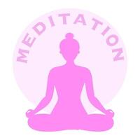 Yoga Fitness Icon. Flat Design Isolated Illustration. With girl sitting in lotos pose in pink colours. With circle on background and text vector