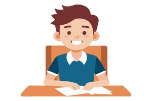 Smiling male student sitting in university classroom, flat illustration vector