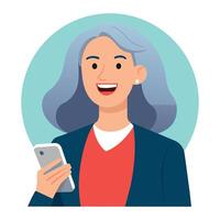 sonriente maduro mujer con un teléfono inteligente, plano ilustración. vector