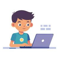 Working on a code, young kid learning programming with a laptop, flat illustration. vector