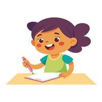 Excited little girl learns to draw, flat illustration. vector