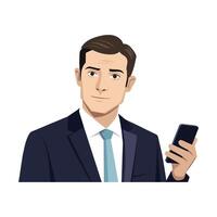 retrato de un negocio hombre participación un Teléfono móvil en un oficina, plano ilustración vector