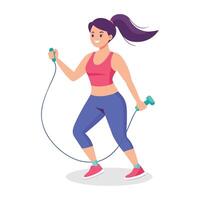 hembra atleta en su 30s al aire libre tomando un descanso desde su cardio ejercicio, participación un salto a la comba cuerda y vistiendo ropa de deporte, plano ilustración vector