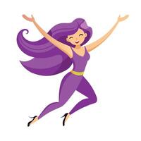 mujer con púrpura pelo bailando y celebrando, plano ilustración. vector