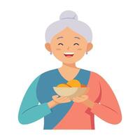 Aging woman smiling happily while holding a buddha bowl, flat illustration vector