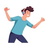 Expressive gen z male dancing to music with wireless earbuds in studio. flat illustration. vector