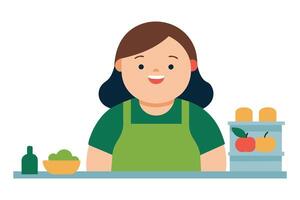 Smiling woman with Down syndrome working in a grocery store, flat illustration. vector