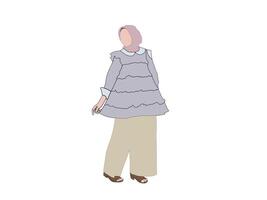 musulmán mujer con un plano cara vistiendo un blanco hiyab, un gris vestido, y ligero verde pantalones. vector