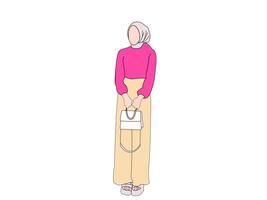 Muslim woman with a flat face wearing a white hijab and a pink dress. vector