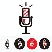 simple line art microphone set for broadcast or podcast logo or icon - red, white and black illustrations set vector