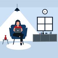 enjoying holiday with his laptop, a woman sit on his favorite sofa at home - colorful flat cartoons illustrations vector