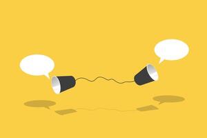 Two black paper cup connect with black rope used for classic phone on yellow background. For old communication system concept. vector