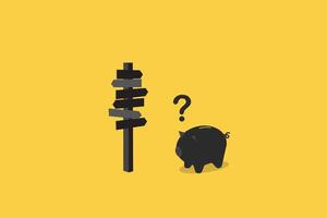 confusing piggy bank looking at multiple road sign with question mark and thinking which way to go. Business decision making, career path, work direction or choose the right way to success concept. vector