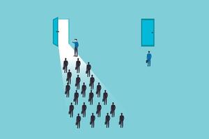 Business man take a different door for business opportunities. Symbol of future, leadership different business routes, career opportunity success. vector