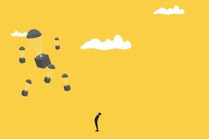 black parachute delivery objects jump down in the air while the white cloudy. businessman looking up the box.black parachute delivery objects jump down in the air while the white cloudy vector