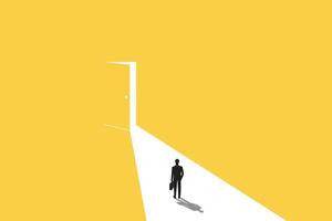 Business opportunity or career success concept with man walking enter door. Symbol of courage, ambition, having a goal, inspiration. vector