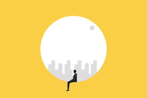 Side view of businessman sitting on big window with city background. Planning and strategy concept.