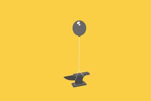 black helium balloon lifting heavy iron anvil. Concept of difficult business. vector