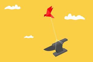 origami paper bird lifting heavy iron anvil. Concept of difficult business. vector